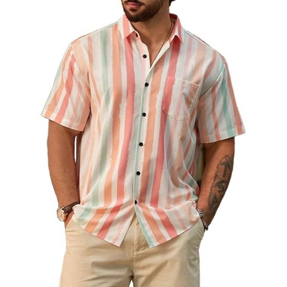 (B6) Vatpave Mens 3XL Short Sleeve Button Down Shirt Pastel Vertical Stripe‎
